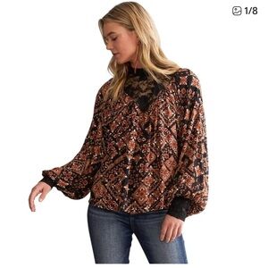 Gimmicks Printed Lace Long Sleeve Top Size Large Black Tan Flowy Dark Feminine